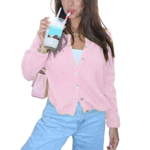 Image of Women Button Down Cardigan Long Sleeve Crewneck Sweater Vintage Lightweight Knit Jacket Fall Going Out Top