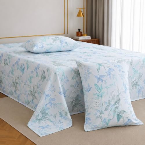 Image of Jaipur Weaves Double Bed Cotton Bedsheet Queen Size 90x100, 100% Pure Cotton Bed Sheet with 2 Pillow Covers, 240 TC Soft Breathable Floral Design - (Aqua Floral, Queen)