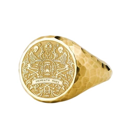 Bague Memento Mori argent 925 chevalière ronde plaquée or tailles US 5-12.5