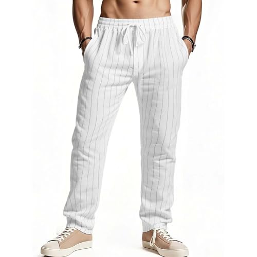 Mens Cotton Linen Pants Summer Beach Pant Striped Drawstring Elastic Waist Casual Loose Comfy Trouser with Pockets2