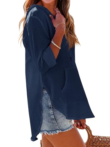 Camisa de playa Ebifin azul marino holgada con capucha protectora y cuello en V 4