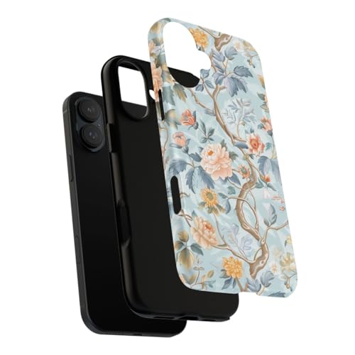 Coque rigide iPhone 16 Plus bleu mat motif fleurs asiatiques