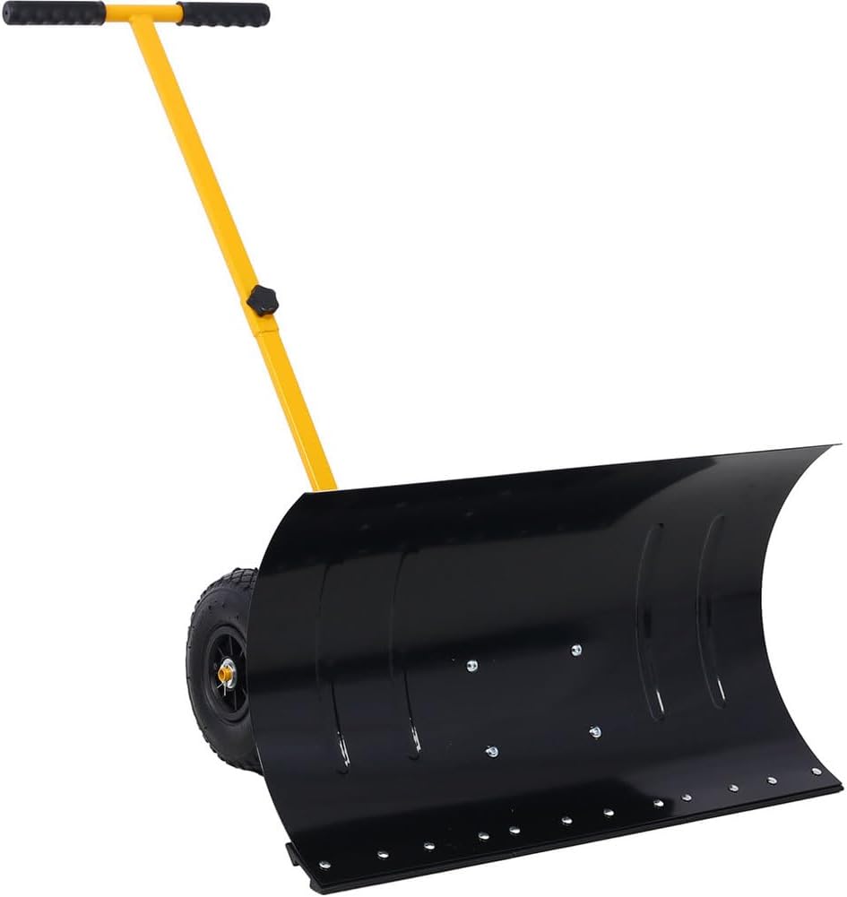 29" Heavy-Duty Snow Shovel with Wheels – Steel Frame Snow Pusher with 5-Angle Adjustable Blade, Ergonomic Cushioned Handle, 10" Anti-Skid Wheels for Driveway & Sidewalk Clearing,Yellow