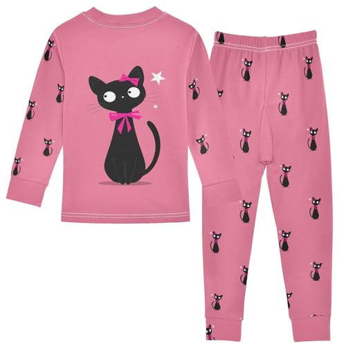 Fustylead Cute Black Cats with Pink Bows Cotton Pajamas Set 2 Piece Long Sleeve Pjs Sleepwear2