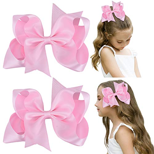 Deeka 2 Pcs 6" Big Hand-Made Satin Ribbon Solid Color Hair Bows Alligator Clips Hair Accessories For Little Teen Toddler Girls Kids Set Of 2 -Light Pink #TOP21
