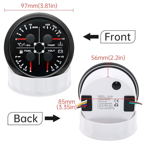 85mm 4in 1 Multifunktionales Messgerät, wasserdichter Kraftstoffstand Öldruck Wassertemperaturmesser für Auto Wohnmobil Boot Motorrad