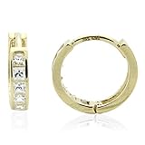 DoubleAccent Solid 14K Gold Earrings Princess Cut Cubic Zirconia Channel Set Huggie Hoop Earrings