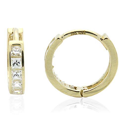 Doubleaccent Solid 14K Gold Earrings Princess Cut Cubic Zirconia Channel Set Huggie Hoop Earrings #TOP8