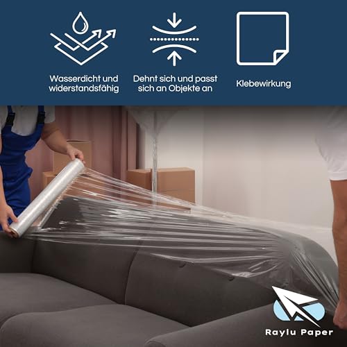 RAYLU PAPER – Stretchfolienrolle transparent für industrielle Verpackunge, Verpackungsfolie plastic rollen Speziell für Umzüge und Koffer, hohe Dehnbarkeit, 200m lang und 50 cm breit (1 Enheit ECO)