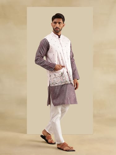 Image of SOJANYA Men's Silk Blend Wine Kurta & White Pyjama With Daman Embroidered Nehru Jacket