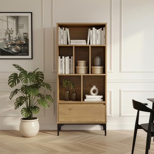 [en.casa] Librería de Salón Kistiandi Estantería para Libros con 6 Compartimentos Abiertos y 1 Cajón Estantería Multiusos para Despacho Oficina Sala de Estar 137 x 60 x 35 cm - Efecto Roble, Oscuro