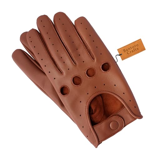 Guantes de Cuero Marrón Premium – De Dedo Completo, con Orificios en los Nudillos, Ventilación Antisudor, Ideales para Conducir, Andar en Motocicleta, Gimnasio y Deportes al Aire Libre. (Small)
