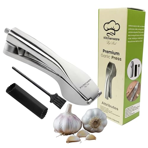 Kitchenware By Neil Garlic Press – Heavy Duty Stainless Steel Garlic Crusher & Mincer with Ergonomic Handle – Garlic Peeler & Crusher for Ginger – Dishwasher Safe & Rustproof (Silver)