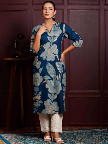 Image of Rimeline Women's Cotton Floral Printed Kurta with Notch Neck Detail | Straight Fit Ethnic Wear for Office, Casual & Everyday Styling