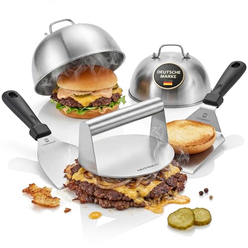Smash Burger Set Edelstahl I Perfekte Smash Burger zu Hause I Burger Set 5-teilig mit Burger Smasher Burgerglocken und Teppanyaki Spachteln I Smash Burgerpresse I Burger Zubehör Set