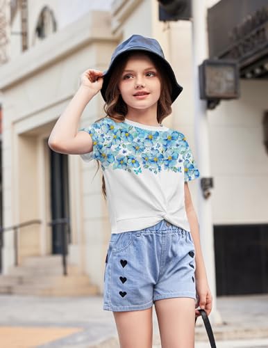 Image of Arshiner Girls Casual Tie Dye Short-Sleeve T-Shirt Cute Print Summer Blouse for Girls Twist Front Tunic Tee Tops