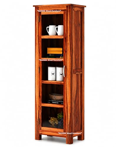 Image of BWF Premium Sheesham Glass Door view Display Self | Kitchen Crockery Cabinet | Bookcase | Wooden Almirah for Home, School, Office, Shop, Medical Clinic and Garage | Honey Finish | BP - 07