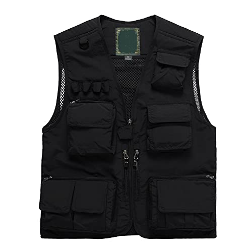 SOUGAO Colete masculino de pesca Safari com vários bolsos para trabalho ao ar livre sem mangas, Pret