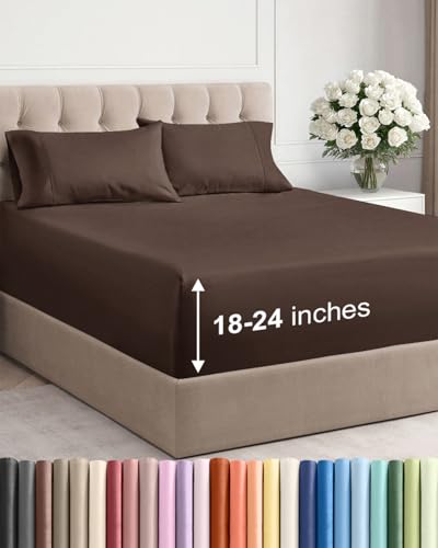 Image of Extra Deep Twin Sheet Set - 4 Piece Breathable and Cooling Sheets - Hotel Luxury Bedding for Women, Men, Kids & Teens - Easy & Secure Fit - Soft, Wrinkle Free and Comfy - Extra Deep Pockets - Brown
