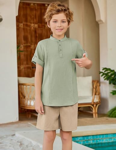 Image of Arshiner Boy's 2 Pieces Linen Sets Short Sleeve Henley Shirt and Shorts Summer Beach Matching Outfits 4-12 Years