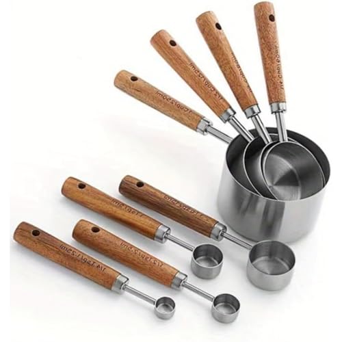 軽量カップ 計量カップ 計量スプーンセット 大さじ 木製ハンドル ステンレス製 Momgla 小さじ計量 ベーカリー 小さじ キッチンツール 計量機能付き調味料入れ ベーキング用 大さじ 小さじ 調味料スプーン コーヒー 食洗機対応 さじ (シルバー,8点