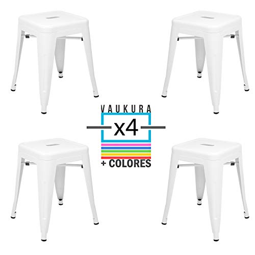 Vaukura Taburete Bajo Tolix (Pack 4) - Taburete Industrial Metálico Mate (Blanco)