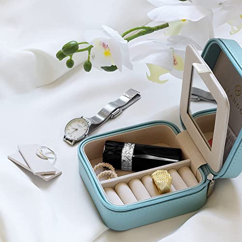 Vlando Small Travel Jewelry Box Organizer - Mirrored Jewelries Necklaces Rings Earrings Necklace Storage Case, Blue - Image 4