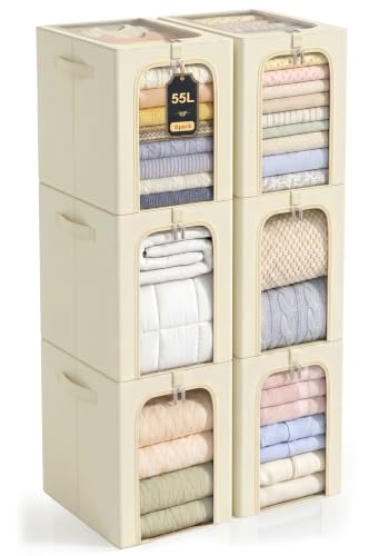 Image of GoMaihe Clothes Storage Bins with Metal Frame, 55L Blanket Storage Boxes for Above Shelf Closet, 6 Pack Stackable Clothing Storage Organizer with Clear Window for Bedding Sweaters Comforters - Beige