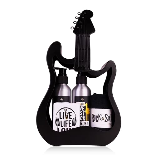 Set de regalo Accentra ROCKSTAR, set de cuidado personal en guitarra metálica negra con gel de ducha, champú, jabón y toalla, como idea de regalo especial y rockera para un cumpleaños