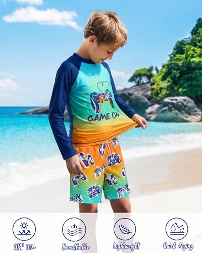 Image of Boys Rash Guard Swim Set with Swim Trunks Bathing Suit Long Sleeve Swim Shirt Quick Dry Swimsuit Kids Swimwear Size 7-16