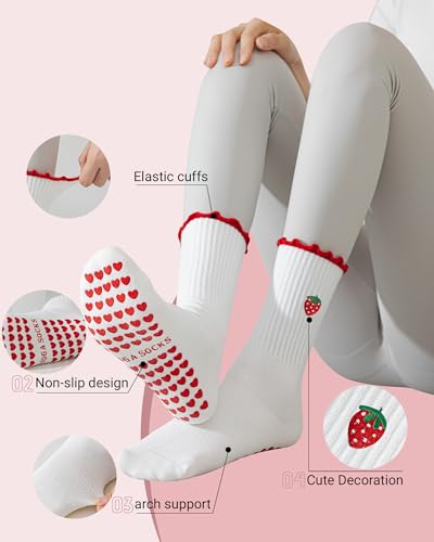 Image of 3 Pairs Pilates Socks with Grips for Women Non Slip Grip Ruffle Yoga Ankle Grippy Socks