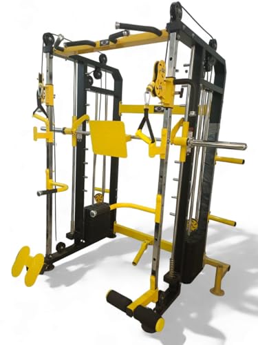 Image of Gym24 Equipments Sonata Functional Trainer with Smith Machine & Power Cage | Dual Cable Crossover System | 160 kg PVC Weight Stack | Multi Gym Strength Training Equipment with Bench | Yellow Black