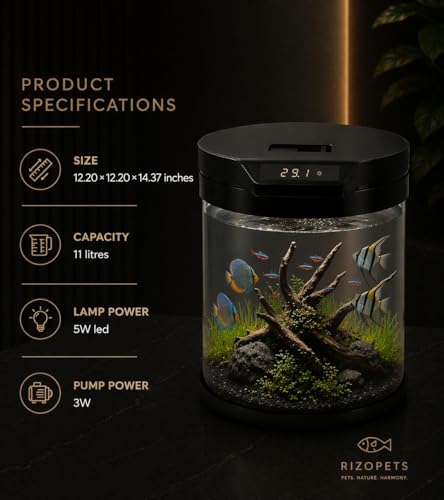 Image of rizopets Q-6 Cylindrical Smart Aquarium Fish Tank with Digital Temperature Display, lamp LED 5 WATT Filter Pump 3 watt Black, Round Shape(Size 31 cm x 31 cm x 36.5 cm.) Capacity 11 litres