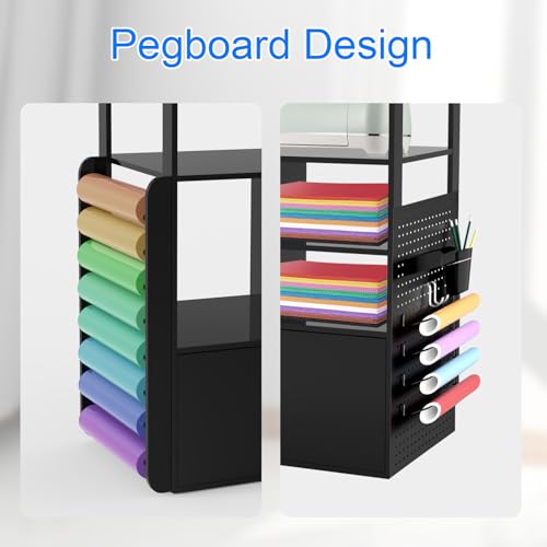 Image of Craft Organization and Storage with Cricut Machine, Craft Cart with Vinyl Roll Holder & Drawers, Large Craft Cabinet Table Workstation