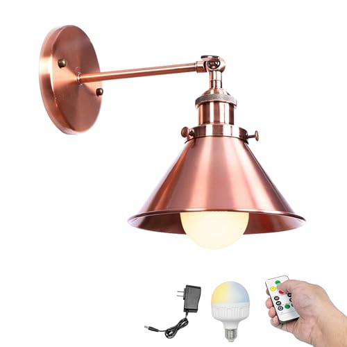 Image of Kiven Battery Operated Wall Sconces 1-Light,Vintage Wall Lights with Rechargeable Bulb,Dimmable Wall Lighting Fixtures for Painting Bedside Vanity Desk, Copper Red Finish