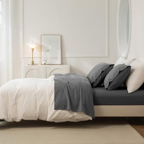JIYUAN Twin Washed Cotton Sheet Set, 3-Piece, Relaxed Linen Feel - image 3