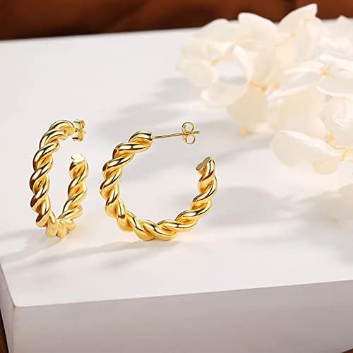 CERSLIMO Silver Twisted Hoop Earrings for Womens - S925 Sterling Silver Chunky Open Hoops, Hypoallergenic Vintage Earrings | 14K White Gold Plated Thick Hoops, 25mm, 28mm