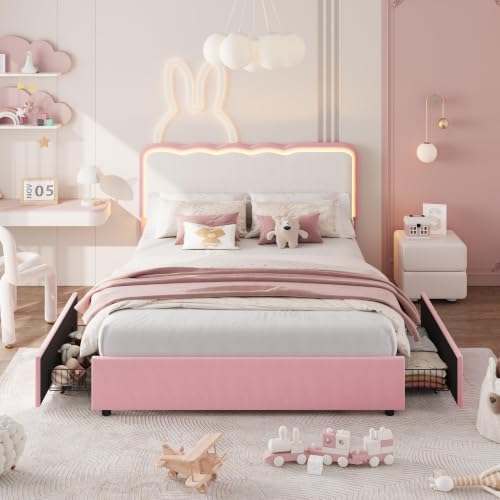 Image of Garvee Irregular Wave LED 2-Drawer Soft Upholstered Bed, Soft Padding
