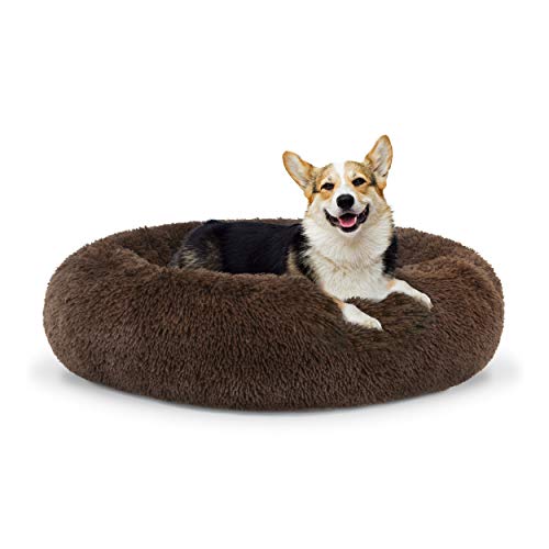 Cama para perro Sound Sleep de The Dog’s Bed, forma redonda, funda extraíble de felpa marrón grande, cama nido, relajante y de gran calidad