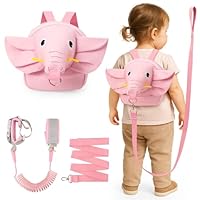 Funsland Baby Walking Harness Backpack: 3 in 1 Adjustable Elephant Toddler Safety Reins & Bag,Anti Lost Wrist Link Leash with Key & Lock,for 1-5 Years Old Kids Trips and Travel Outside(Pink)