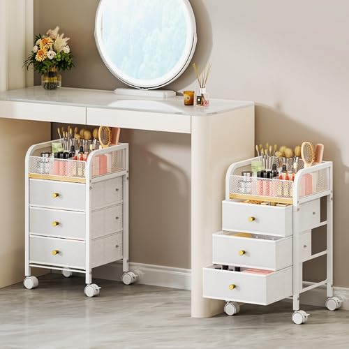 SWTYMIKI Rolling Makeup Organizer Cart - Under Desk Vanity Makeup Storage with 3 Non-woven Drawers...