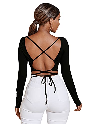 Floerns Women s Criss Cross Backless Tie Back Long Sleeve Crop Tops T Shirt Black M