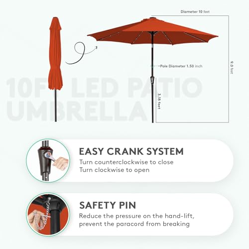 Image of JEAREY 10FT Outdoor Patio Umbrella with Solar Lights, LED Lighted Pool Umbrella with Tilt and Crank, Outdoor Table Umbrellas for Deck, Yard & Market(Orange)