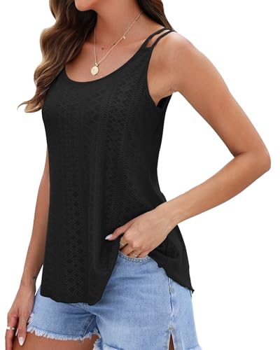 WNEEDU Damski tank top, na lato, spaghetti Cami, bez rękawów, okrągły dekolt, bluzka, czarny, XL