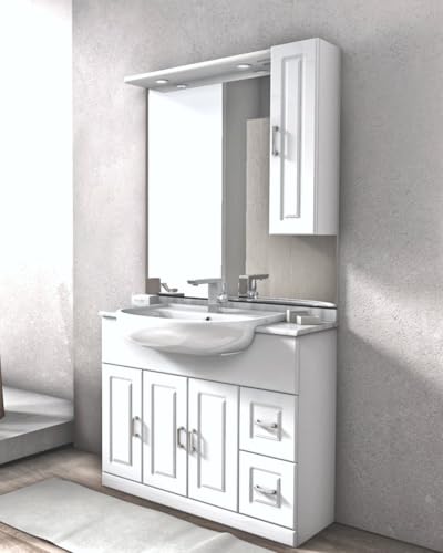 Generico Mobile bagno a terra Claudia bianco lucido cm 100 semincasso con top in marmo naturale, lavabo e specchio