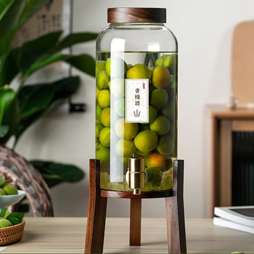 ガラス ジャグ タンク ドリンクサーバー 蛇口付き ガラス 保存瓶 梅酒 ジュース ビール 保存容器 家庭用 飲料 冷蔵庫 水 お茶 ジュース レモネード 飲食店 業務用 4L +蛇口+木台座