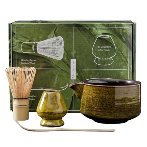 Japanese Matcha Set (7pcs) Matcha Whisk Set Matcha Bowl Matcha Whisk (chasen) Scoop (chashaku) Matcha Whisk Holder Tea Making Kit (4 Pcs,Yellow)