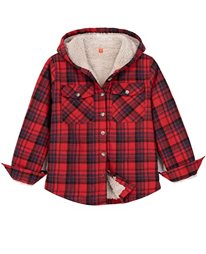 Image of ZENTHACE Boys Sherpa Fleece Lined Flannel Plaid Button Down Shirt Jacket,Hooded Flannel Shirt with Hand Pockets