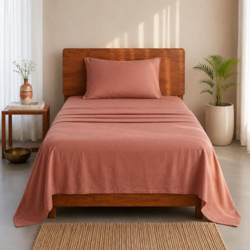 Image of LANE LINEN 100% Organic Cotton Bedsheet for Single Bed - Rose Dawn | GOTS Certified, Percale Weave, 60x90 inches, Soft & Breathable, Machine Washable, Includes 1 Pillow Cover