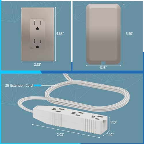 Image of LIDER Flat-Face Outlet Extender with 3 Receptacles, Ultra-Thin Wall Plate Plug with Cord Extender and 3-Outlet Power Strip, 3ft Cord, LWE3-315-NK, Nickel